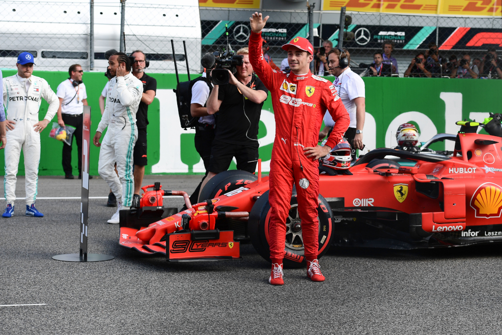Ferrari driver Charles Leclerc celebrates winning pole position during the qualifying session at the Autodromo Nazionale circuit in Monza September 7, 2019. u00e2u20acu201d AFP pic