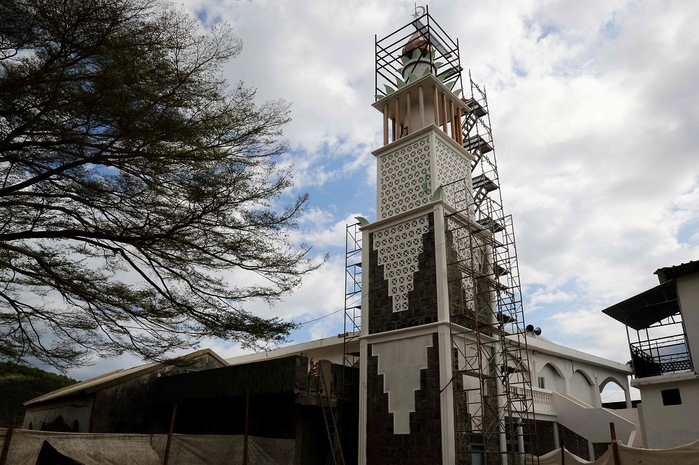 A picture taken on September 14, 2019 shows the under renovation minaret and mosque in Tsingoni, on the French island of Mayotte. u00e2u20acu201d AFP pic        