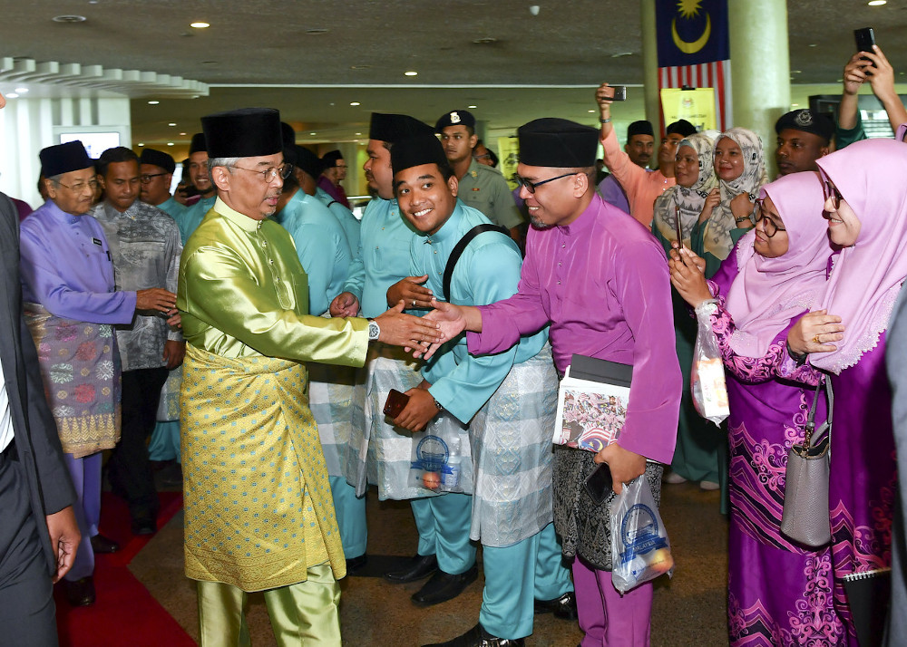Yang di-Pertuan Agong Al-Sultan Abdullah Riu00e2u20acu2122ayatuddin Al-Mustafa Billah Shah greets the public during the Maal Hijrah 1441H/2019M celebrations at the Putrajaya International Convention Centre September 1, 2019. u00e2u20acu201d Bernama pic