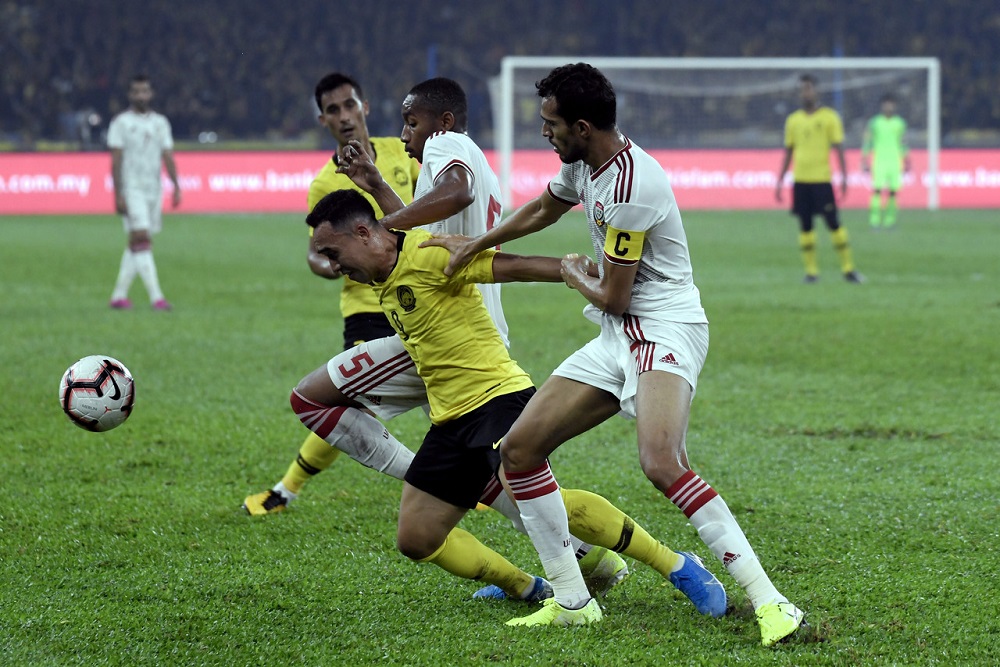 Malaysiau00e2u20acu2122s Norshahrul Idlan Talaha in action during the 2022 World Cup qualifier match against UAE at the Bukit Jalil National Stadium in Kuala Lumpur 10 September, 2019. u00e2u20acu201d Bernama pic