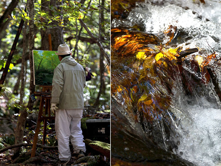 Some visitors try to capture the verdant forest and the gushing streams on canvas