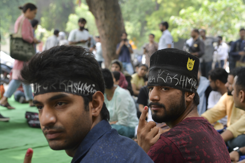 Kashmiri students along with other students take part in a sit-in demonstration against the Indian governmentu00e2u20acu2122s move to revoke the special autonomy of the region guaranteed under Article 370 and 35A, in New Delhi September 10, 2019. u00e2u20acu201d AFP pic