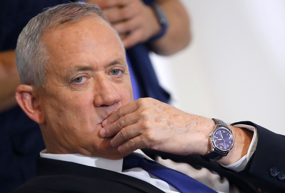 Retired Israeli General Benny Gantz, leader and candidate of the Israel Resilience party that is part of the Blue and White (Kahol Lavan) political alliance looks on during a press conference in the Israeli coastal city of Tel Aviv September 19, 2019. u00e2u20acu201d