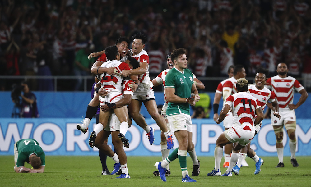 Japan players celebrate after the match against Ireland at the Shizuoka Stadium Ecopa in Shizuoka, Japan, September 28, 2019. u00e2u20acu201d Reuters picnn