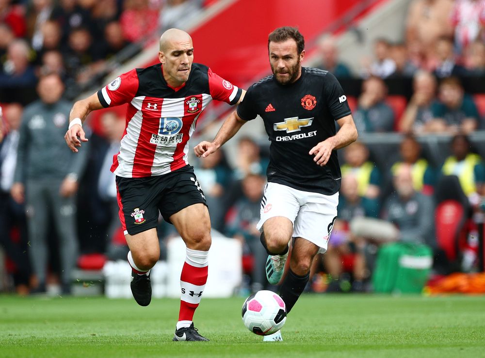 Manchester Unitedu00e2u20acu2122s Juan Mata in action with Southamptonu00e2u20acu2122s Oriol Romeu during their Premier League match at St Maryu00e2u20acu2122s Stadium, Southampton, August 31, 2019. u00e2u20acu201d Reuters pic