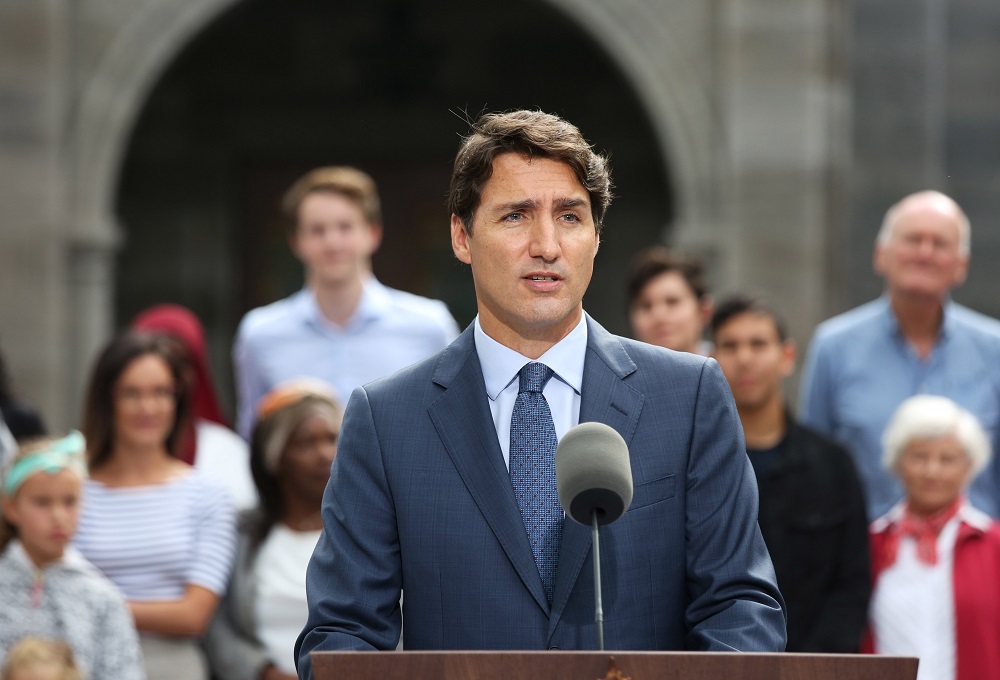 In this file photo taken on September 11, 2019, Liberal Party leader and Canadau00e2u20acu2122s Prime Minister Justin Trudeau speaks during a news conference at Rideau Hall in Ottawa. u00e2u20acu201d AFP pic
