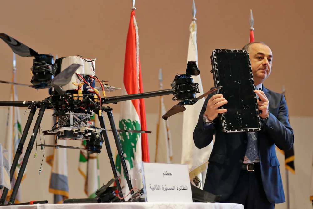 Lebanese Minister of Defence Elias Bou Saab shows the box he alleged carried explosives in an Israeli captured drone that fell over a Beirut suburb during a press conference in the Ministry of Defence in Yarze, September 19, 2019. u00e2u20acu201d AFP pic 