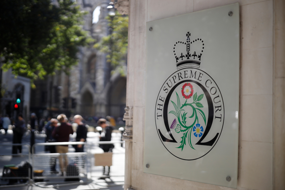 The logo for the Supreme court at the entrance to the court in central London on the third and final day of the hearing into the decision by the government to prorogue parliament September 19, 2019. u00e2u20acu201d AFP pic 