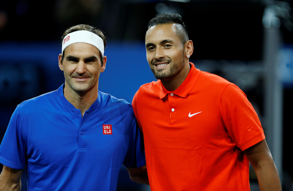 Team Europeu00e2u20acu2122s Roger Federer and Team World's Nick Kyrgios before their singles match nfor the Laver Cup in Geneva, Switzerland, September 21, 2019. u00e2u20acu201d Reuters picn