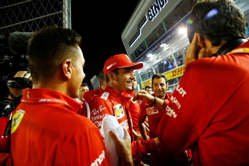 Ferrariu00e2u20acu2122s Charles Leclerc celebrates after qualifying in pole position at the Singapore Grand Prix at the Marina Bay Street Circuit in Singapore, September 21, 2019. u00e2u20acu201d Reuters picnn