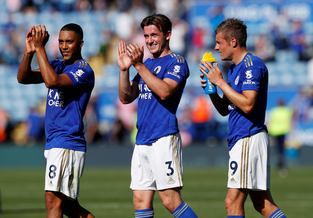 Leicester Cityu00e2u20acu2122s Youri Tielemans, Ben Chilwell and Jamie Vardy celebrate after the match against Tottenham Hotspur at the King Power Stadium in Leicester, September 21, 2019. u00e2u20acu201d Reuters picnn