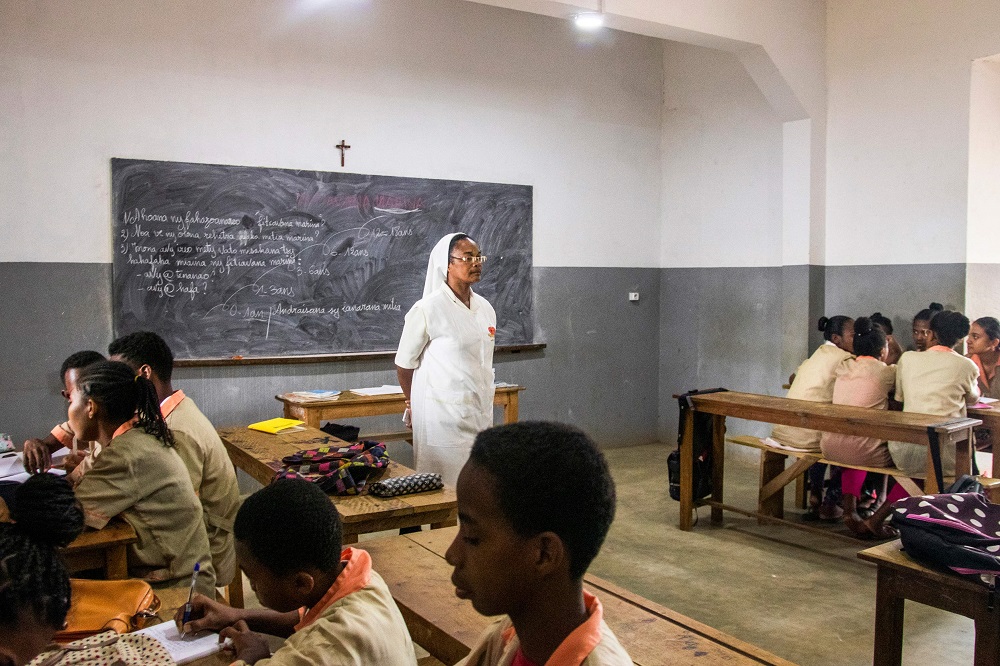 A Catholic nun teaches a class at the Saint-Jean Catholic High School, a school that accepts also pupils of Muslim religionin Antsiranana also known as Diego-Suarez July 26, 2019. u00e2u20acu201d AFP pic       