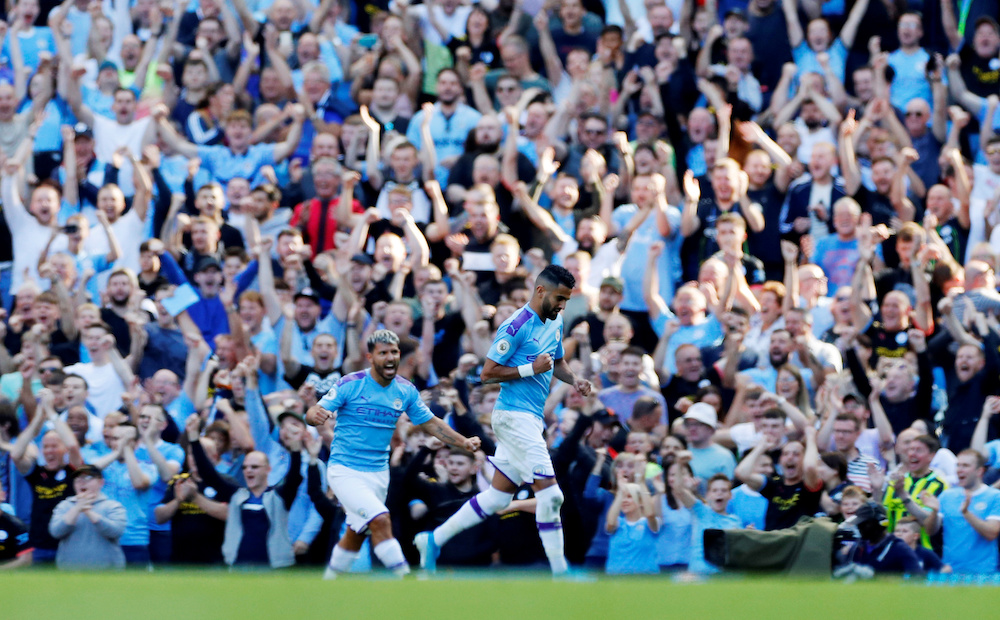 Manchester Cityu00e2u20acu2122s Riyad Mahrez celebrates scoring their third goal against Watford at the Etihad Stadium in Manchester, September 21, 2019. u00e2u20acu201d Reuters picnnn