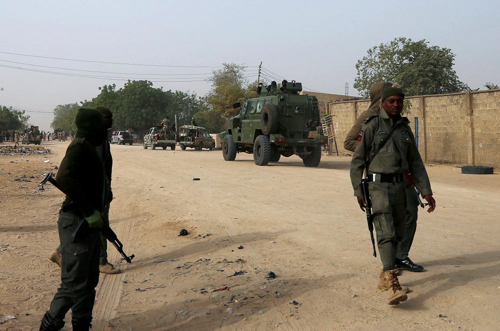 Nigerian military secure the area where a man was killed by suspected militants during an attack around Polo area of Maiduguri, Nigeria February 16, 2019. u00e2u20acu201d Reuters pic 