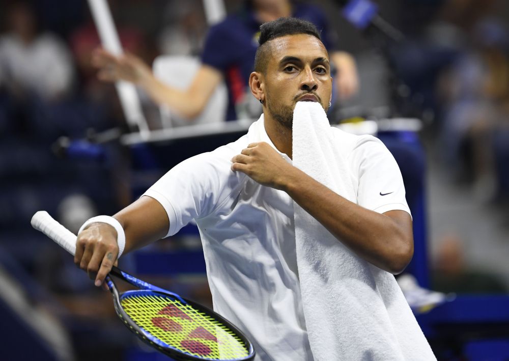 Nick Kyrgios of Australia is pictured with a towel in his mouth in a third round match against Andrey Rublev of Russia on day six of the 2019 US.Open tennis tournament. u00e2u20acu201d Reuters pic