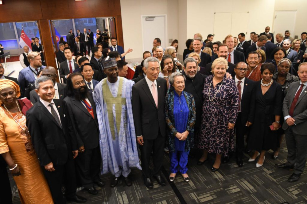 Prime Minister Lee Hsien Loong and his wife Ho Ching with world leaders at the Forum of Small States, which was hosted by Singapore in New York. u00e2u20acu201d TODAY pic