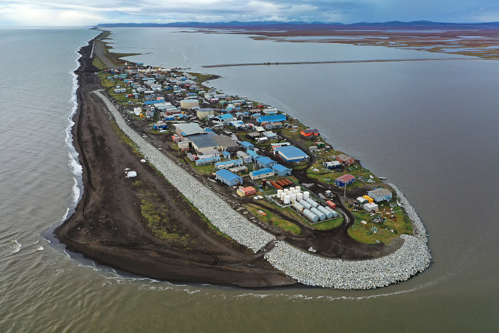 An aerial view from a drone shows Kivalina, which is at the very end of an eight-mile barrier reef located between a lagoon and the Chukchi Sea September 10, 2019 in Kivalina, Alaska. The village is 83 miles above the Arctic circle. u00e2u20acu201d Joe Raedle/Getty I