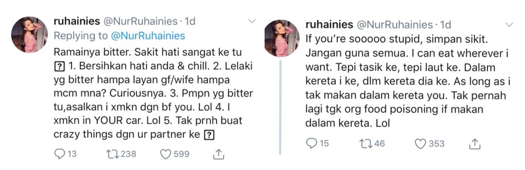 Ruhainies’ response to the backlash she received from social media users. — Picture via Twitter