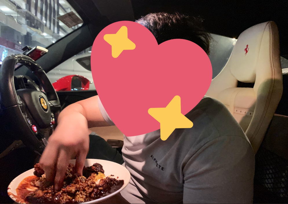 Ruhainiesu00e2u20acu2122 boyfriend, known as u00e2u20acu02dcMr E Johanu00e2u20acu2122, feeding her with nasi kandar in his Ferrari. u00e2u20acu201d Picture via Twitter