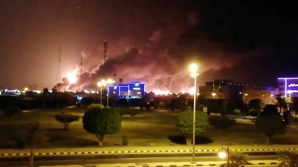 Smoke is seen following a fire at an Aramco factory in Abqaiq, Saudi Arabia, September 14, 2019 in this picture obtained from social media. u00e2u20acu2022 Handout via Reuters