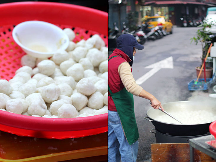 Cooking handmade 'shī mù yú wán' (milkfish balls) in a large wok