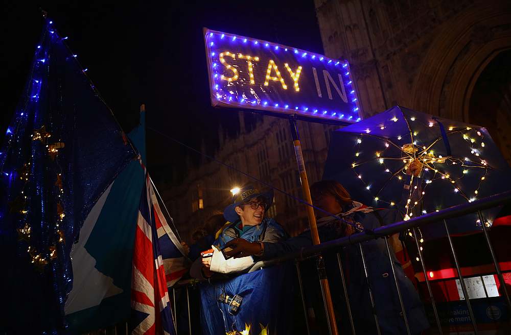 Anti-Brexit demonstrators stand outside the Houses of Parliament in London September 9, 2019. u00e2u20acu201d Reuters pic 