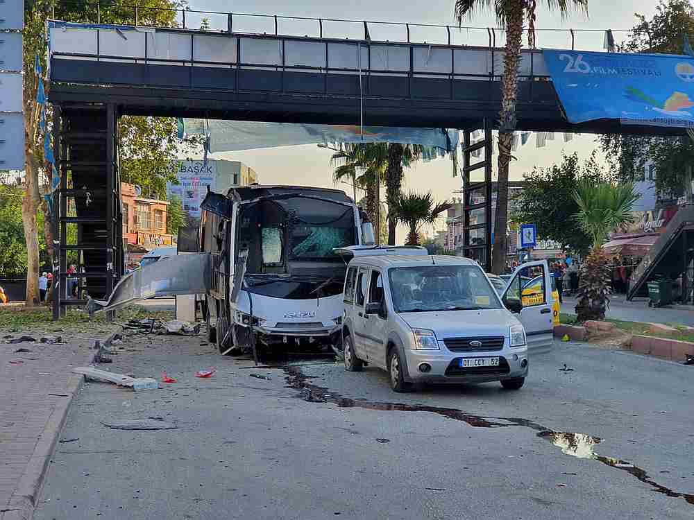 A bus carrying police is seen after hit by a bomb attack in Adana, Turkey September 25, 2019. u00e2u20acu201d Gokhan Keskinci/Demiroren News Agency pic via Reuters