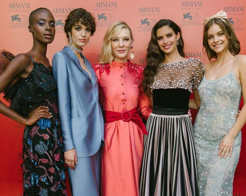 Armani beauty's Global Beauty Ambassador Cate Blanchett with Armani beauty faces Madisin Rian, Greta Ferro, Sara Sampaio and Barbara Palvin during the 76th Venice International Film Festival. u00e2u20acu2022 Picture courtesy of Armani Beauty via AFP