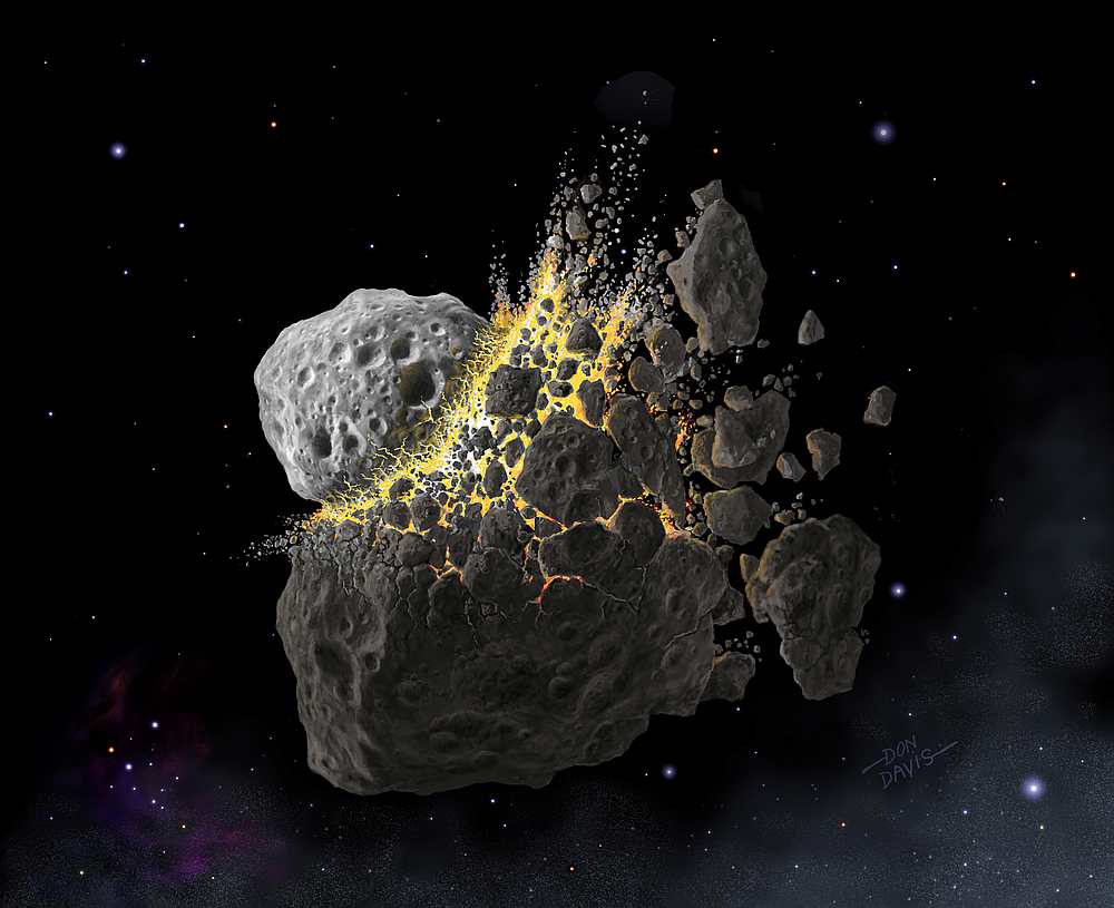 This illustration shows a giant asteroid collision between Mars and Jupiter that occurred 466 million years ago and produced the dust that led to an ice age on Earth. u00e2u20acu201d Don Davis/Southwest Research Institute handout via Reuters