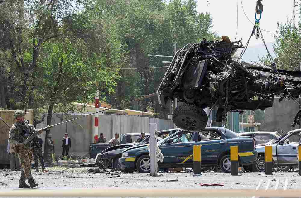 A foreign soldier with Nato-led Resolute Support Mission inspects at the site of a suicide attack in Kabul, Afghanistan September 5, 2019. u00e2u20acu201d Reuters pic