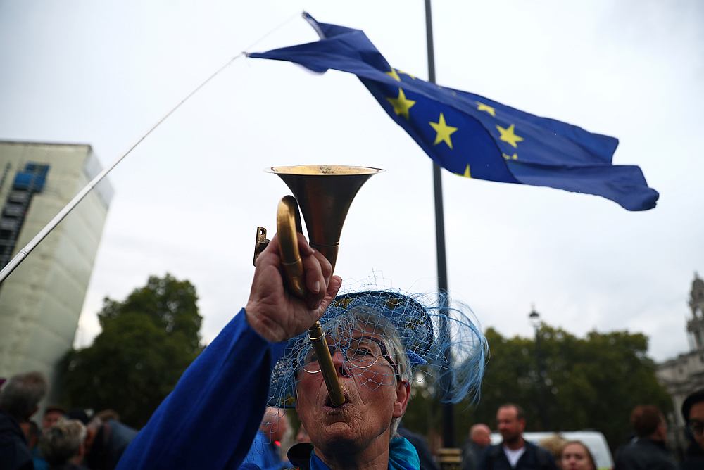 An anti-Brexit demonstrator protests outside the Houses of Parliament in London September 9, 2019. u00e2u20acu201d Reuters pic