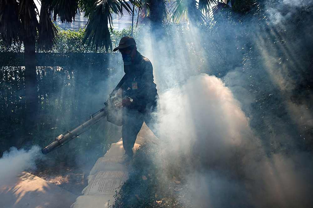 A worker sprays insecticide for mosquitos at a village in Bangkok, Thailand December 12, 2017. u00e2u20acu201d Reuters pic