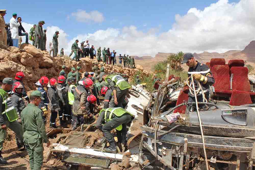 Security forces search for bodies in the wreckage of bus at the banks of the Damchan river near the city of Errachidia, in the El Khank region in southern Morocco September 8, 2019. u00e2u20acu201d AFP pic