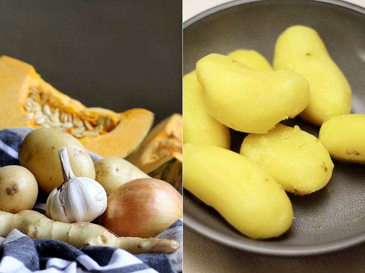 Some of the ingredients for the 'brun lapskaus' (left), including parboiled potatoes (right)