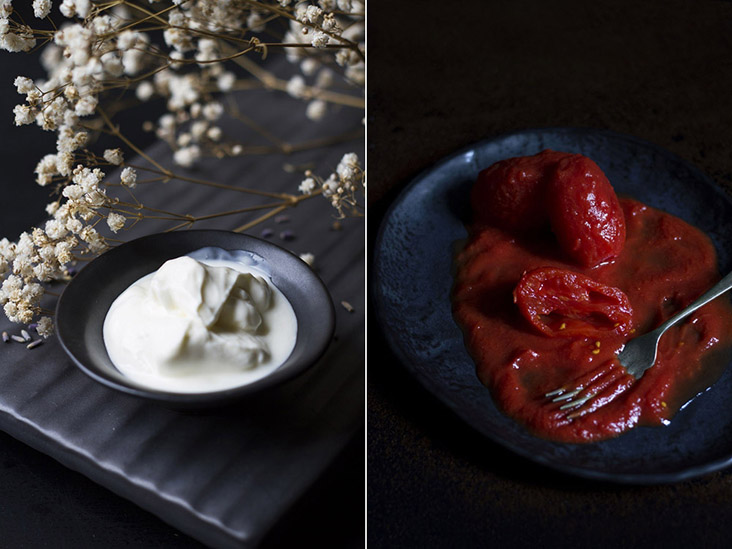 Once the beef is tender, add some yoghurt (left) and a smidgen of canned tomatoes (right)