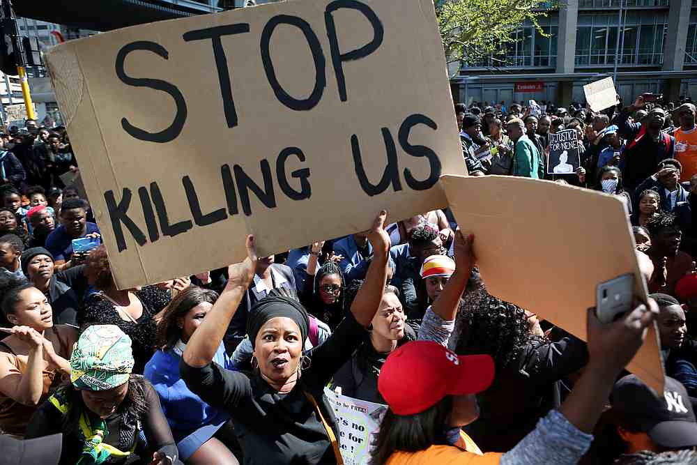 Demonstrators gather outside the Cape Town International Convention Centre during a protest against gender based violence, at the World Economic Forum on Africa, in  South Africa September 4, 2019. u00e2u20acu201d Reuters pic