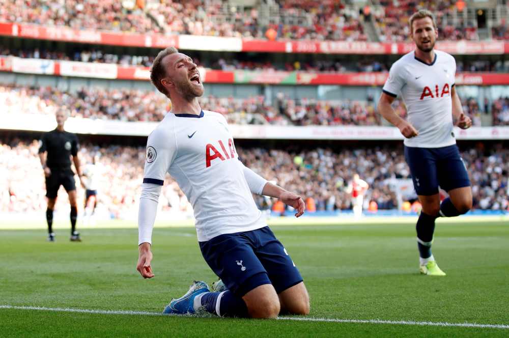Tottenham Hotspur's Christian Eriksen celebrates after scoring the first goal against Arsenal, September 1, 2019. u00e2u20acu2022 Reuters pic