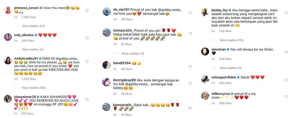 Comments from celebrities and social media users praising Gebby for her bravery and honesty. — Image via Instagram/@gebby.vesta_