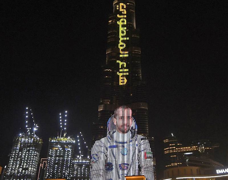 The Gulf emirate's Burj Khalifa, the world's tallest skyscraper, lit with an image of 35-year-old Emirati astronaut Hazzaa al-Mansoori September 25, 2019. u00e2u20acu201d AFP pic