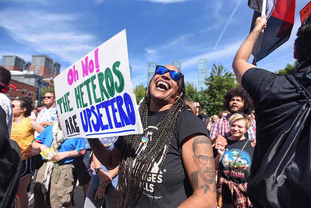 A counter-demonstrator reacts to speeches outside the Straight Pride Parade rally in Boston, Massachusetts August 31, 2019. u00e2u20acu201d Reuters pic 