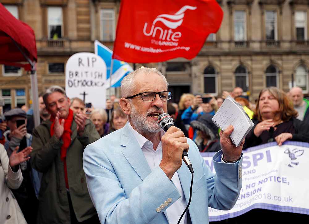 Britain's opposition Labour Party leader Jeremy Corbyn speaks during an anti-Brexit demonstration at George Square in Glasgow, Scotland August 31, 2019. u00e2u20acu201d Reuters pic