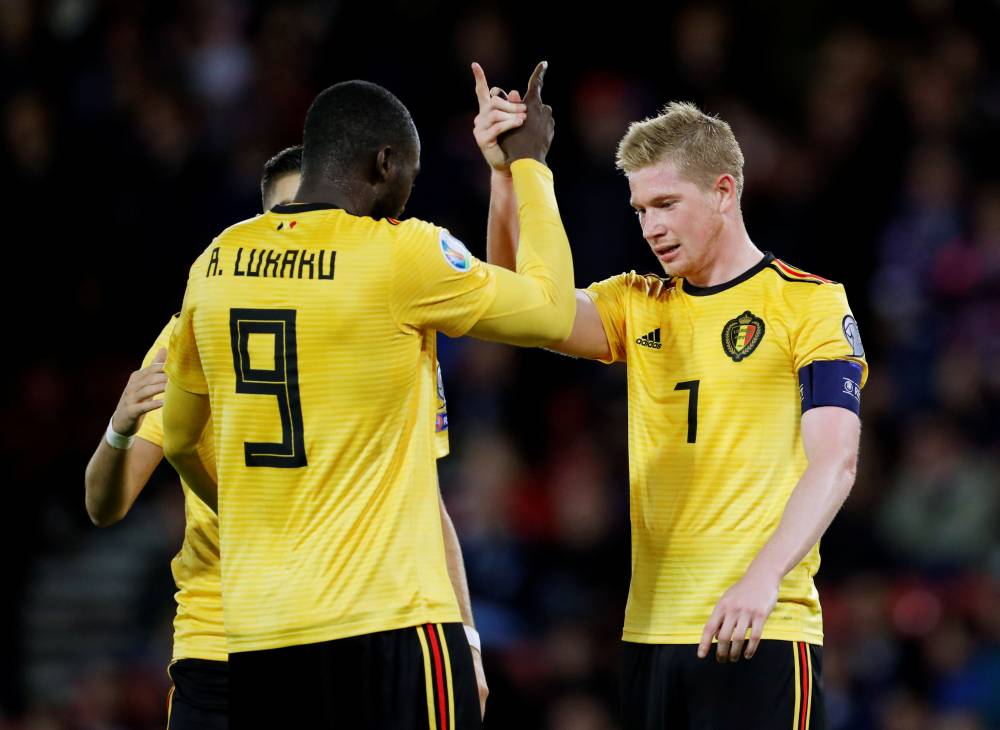 Belgium's Kevin De Bruyne celebrates with Romelu Lukaku after scoring the fourth goal against Scotland, September 9, 2019. u00e2u20acu2022 Reuters pic