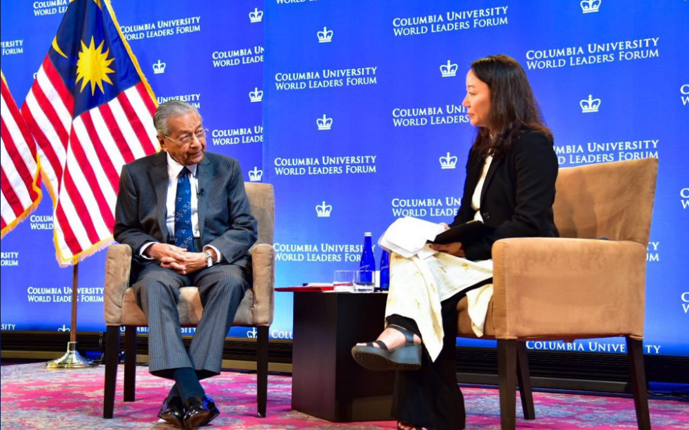 Tun Dr Mahathir Mohamad speaks during the World Leaders Forum at Columbia University in New York. u00e2u20acu201d Picture via Twitter