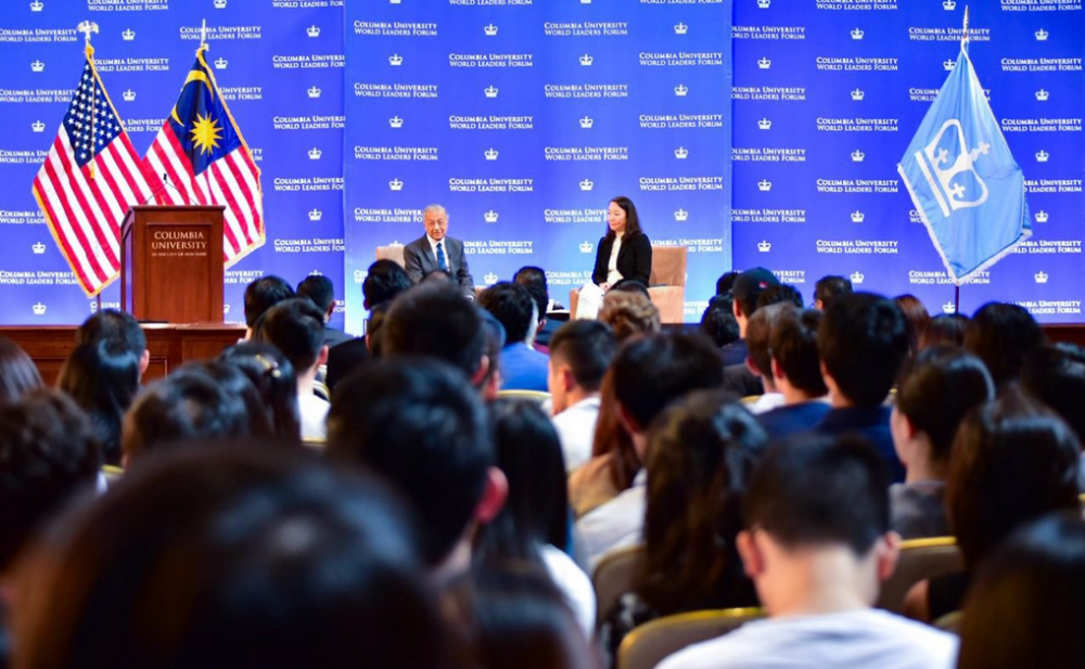 Tun Dr Mahathir Mohamad speaks during the World Leaders Forum at Columbia University in New York. u00e2u20acu201d Picture via Twitter