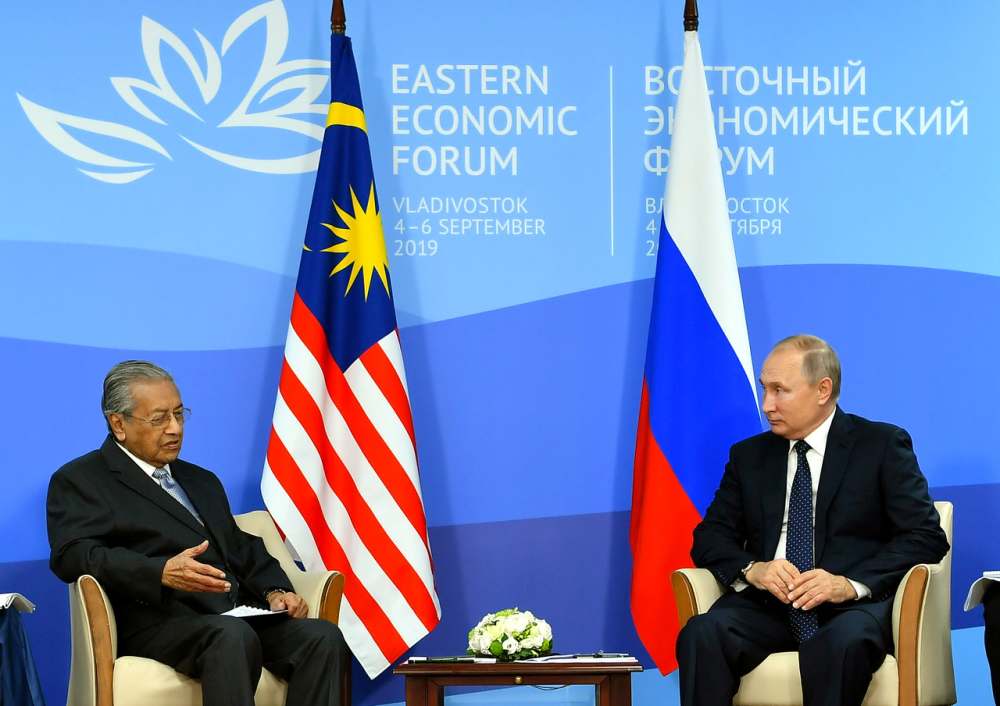 Tun Dr Mahathir Mohamad meets Russian President Vladimir Putin ahead of the Eastern Economic Forum (EEF) in Vladivostok September 5, 2019. u00e2u20acu2022 Bernama pic