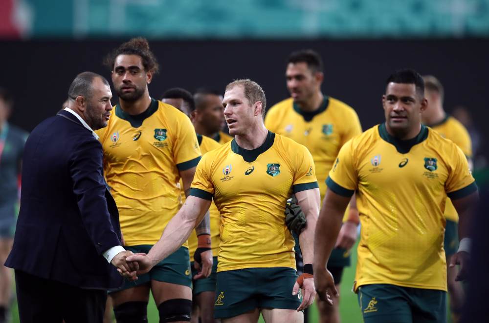 Australia head coach Michael Cheika greets his players after the match against Fiji September 21, 2019. u00e2u20acu2022 Reuters pic
