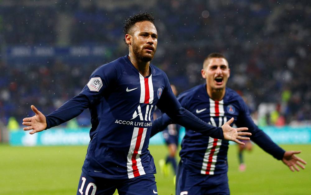 Paris St Germain's Neymar celebrates after scoring the first goal against Olympique Lyonnais, September 22, 2019. u00e2u20acu2022 Reuters pic