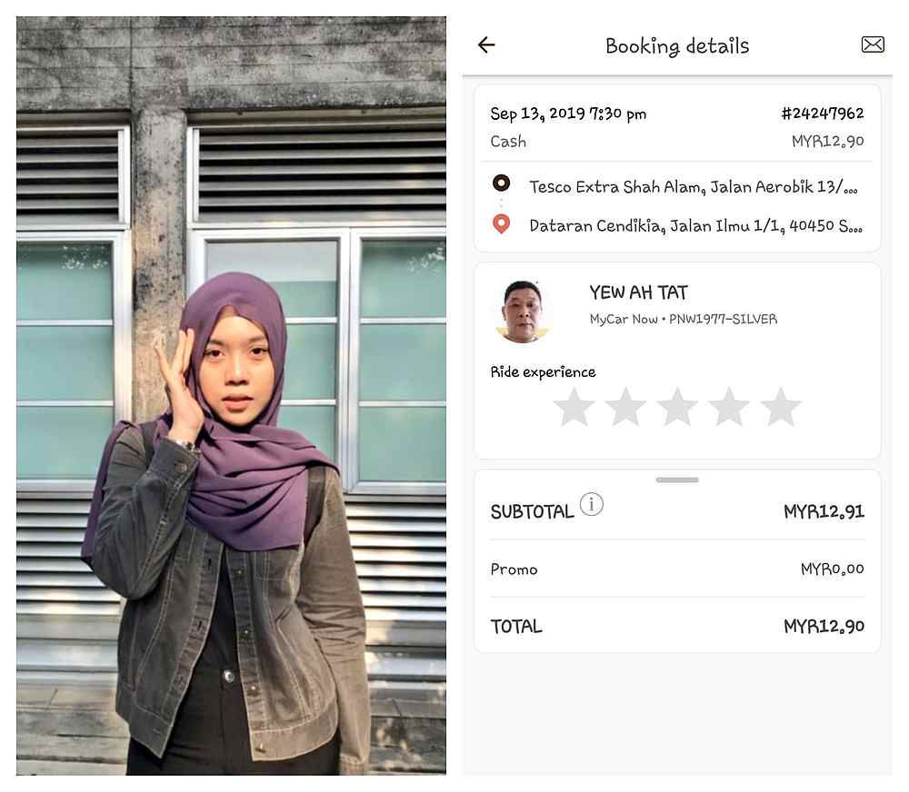 Compassionate driver Yew Ah Tat gave law student Ninie Kamarudinn a free ride and even bought her food after she lost RM50. u00e2u20acu201d Picture from Twitter/@niniekamarudinn