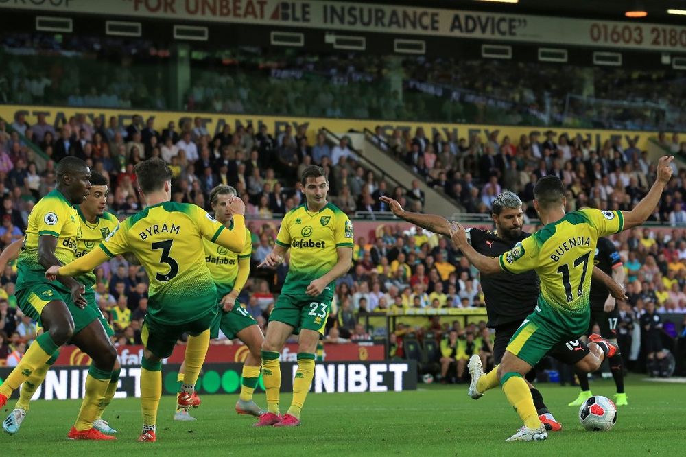 Manchester Cityu00e2u20acu2122s striker Sergio Aguero (second right) has his attempt blocked during the EPL match between Norwich City and Manchester City at Carrow Road in Norwich, September 14, 2019. Norwich won the game 3-2. u00e2u20acu201d AFP pic
