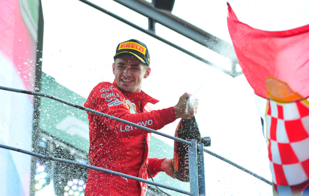 Ferrariu00e2u20acu2122s Charles Leclerc celebrates winning the Italian Grand Prix at the Circuit of Monza, Monza September 8, 2019. u00e2u20acu201d Reuters pic